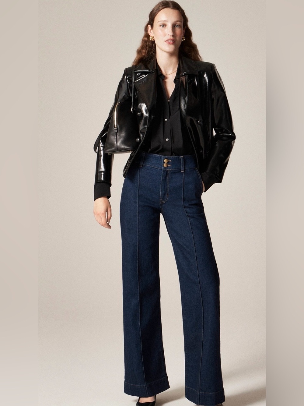 J. Crew Women’s Denim Trouser Pant with Stacked Button, NWT, Wide Leg,Dark Rinse